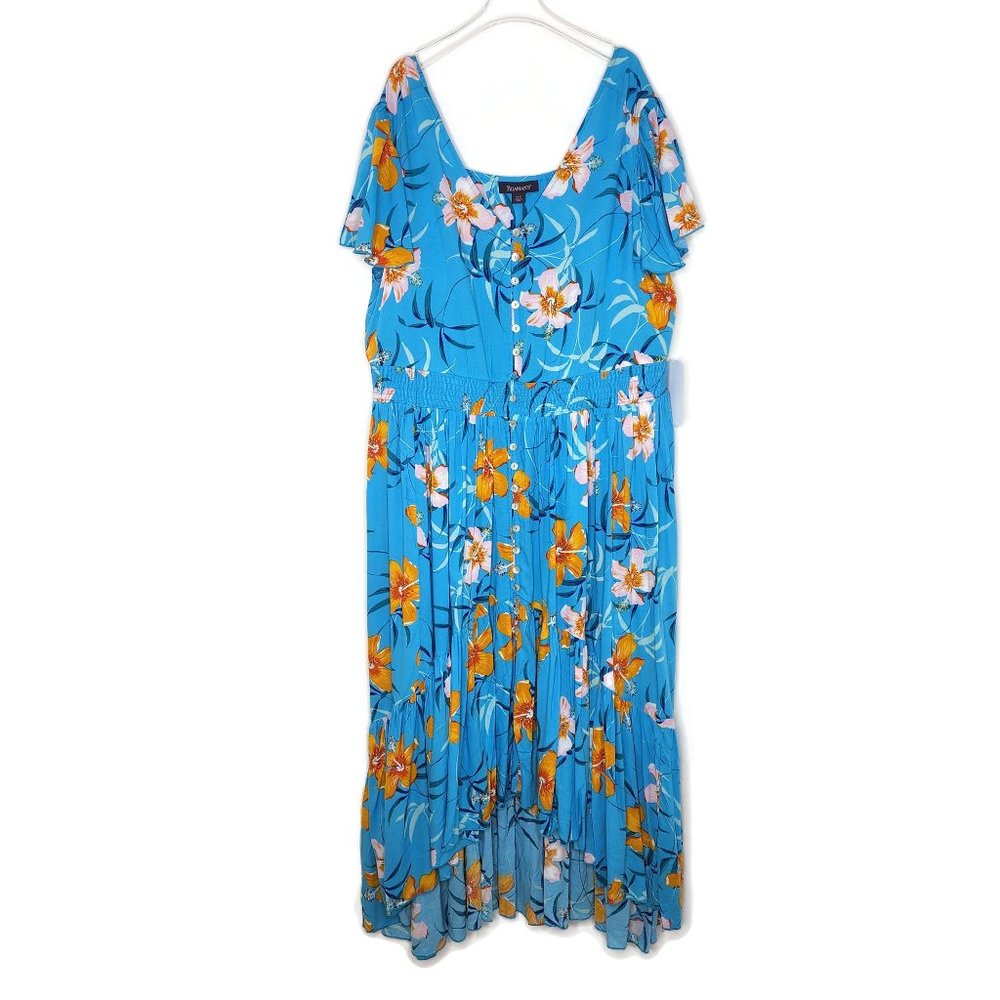 Roamans Maxi Dess 20W Blue Floral V Neck High Low Hem Below Knee
